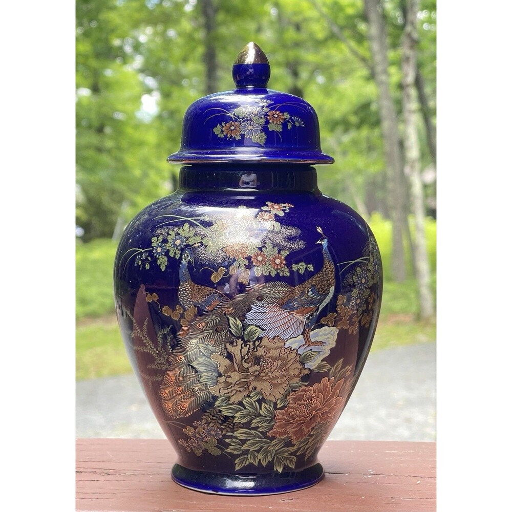 VTG Japanese Cobalt Blue Ginger Jar Peacock Peony Gold Gilt Porcelain w Lid 8"